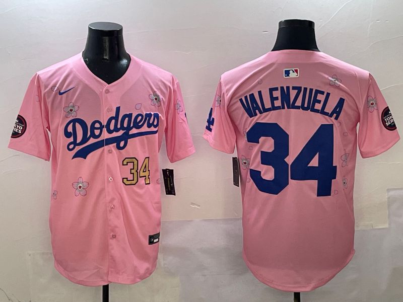 Men Los Angeles Dodgers #34 Valenzuela Pink Sakura Edition 2025 Nike MLB Jersey style 2